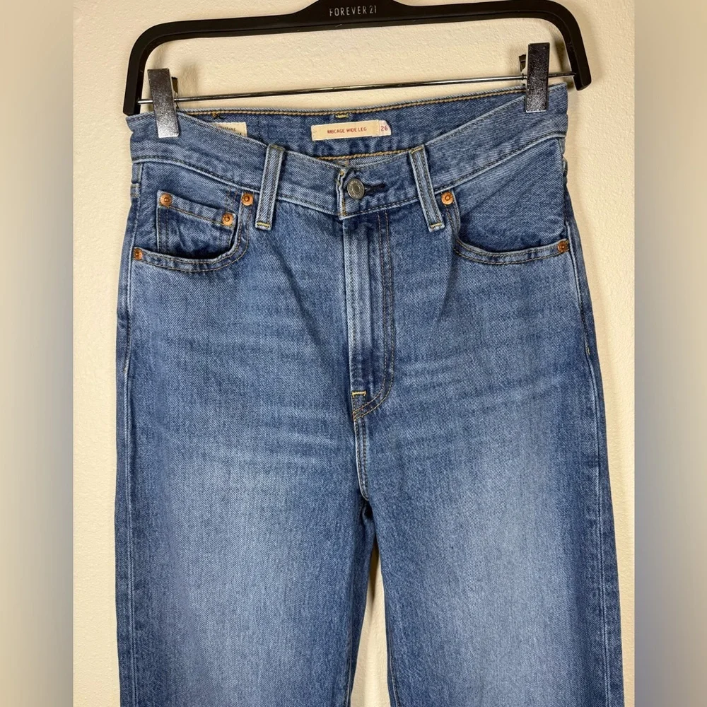 Levi's Ribcage Medium Wash Wide-Leg Raw Hem Denim Jeans - Picture 6 of 14